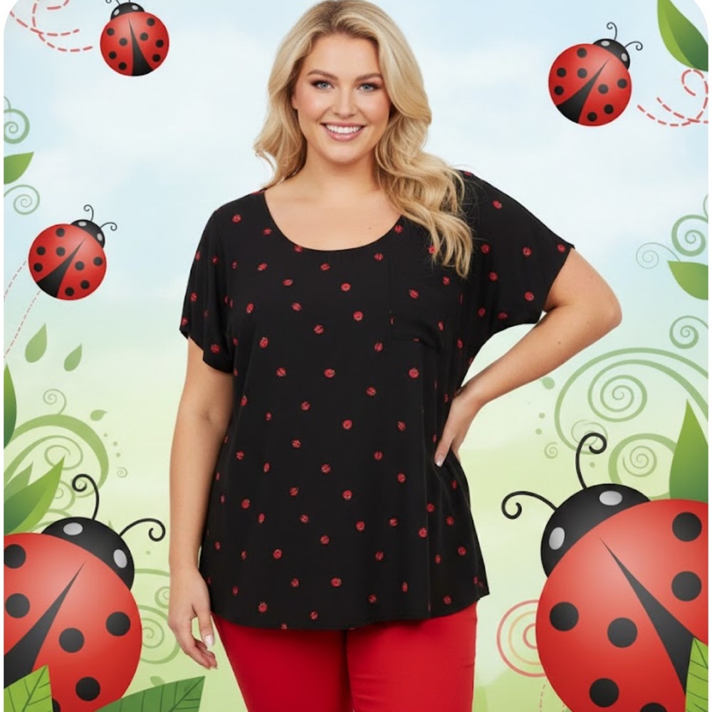 Torrid Ladybug Print Chiffon Button-Back Top in Black and Red - Size 3X